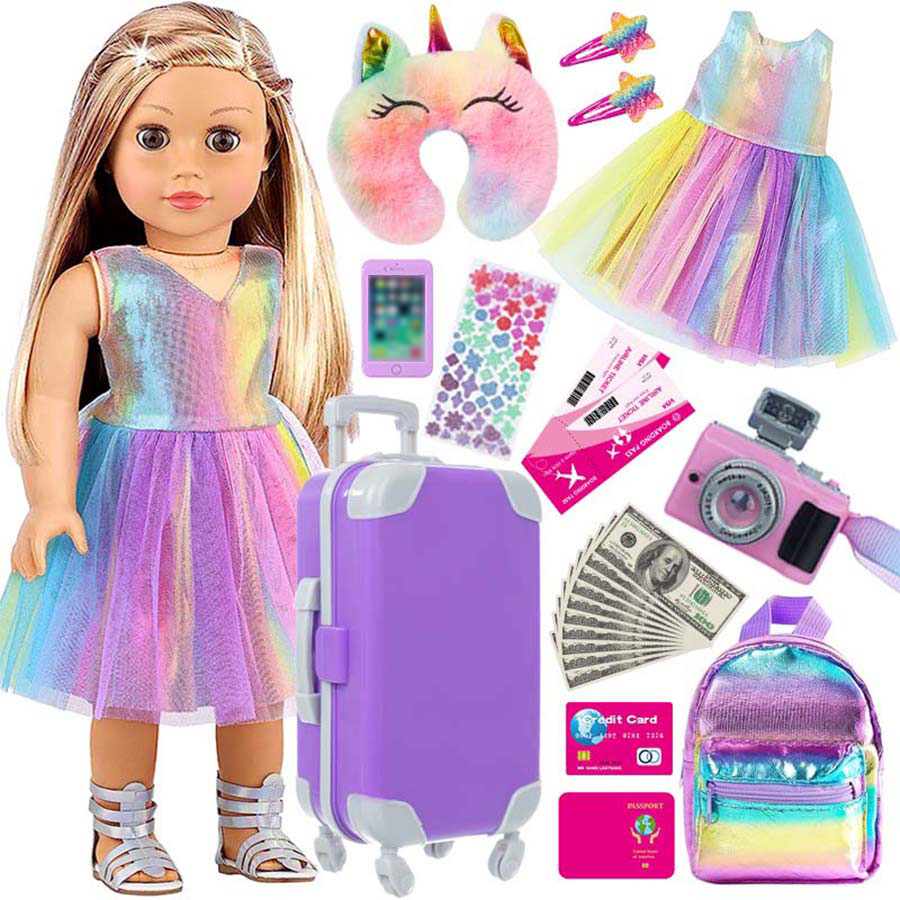 Laptop Accessories For Girls - 18インチ人形用服とアクセサリー、人形用スーツケース旅行セット（枕、ユニコーンバッグ、カメラ、コンピューター、電話、パスポート付き）子供向けギフト