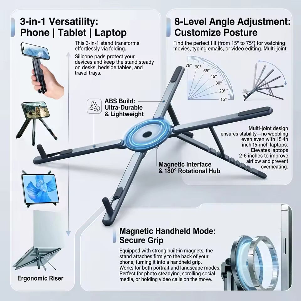 Laptop Accessories Organizer - 携帯電話用マグネット式ホルダー＆自撮り棒 3-in-1 折りたたみ式三脚スタンド iPhone、iPad、タブレット、ノートパソコン、デスクトップ用