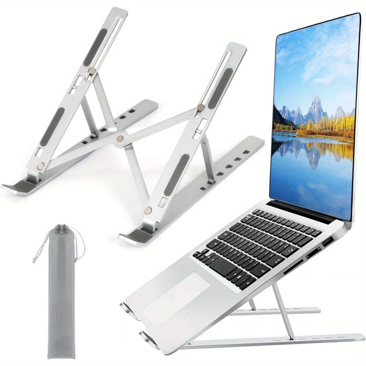 Laptop Accessories Organizer - 調節可能なアルミニウム製ラップトップスタンド - 6段階の高さ、8～16インチのラップトップ用の折りたたみ式でポータブルなデザイン、強化された通気性と熱