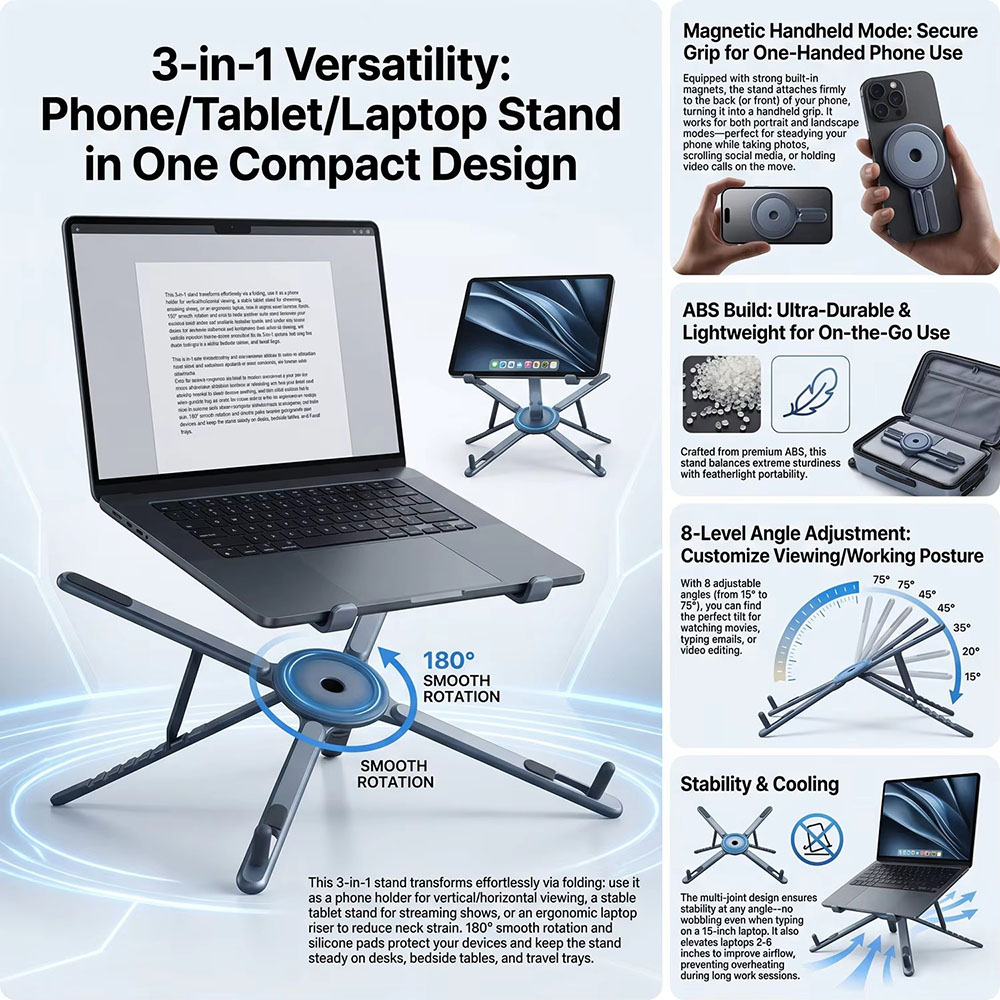 携帯電話用マグネット式ホルダー＆自撮り棒 3-in-1 折り - Laptop Accessories Organizer のレビューと価格